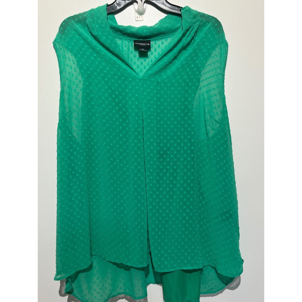 Liz Claiborne Career Green Swiss Dot Sleeveless Blouse XXL Plus Size V-Neck Top